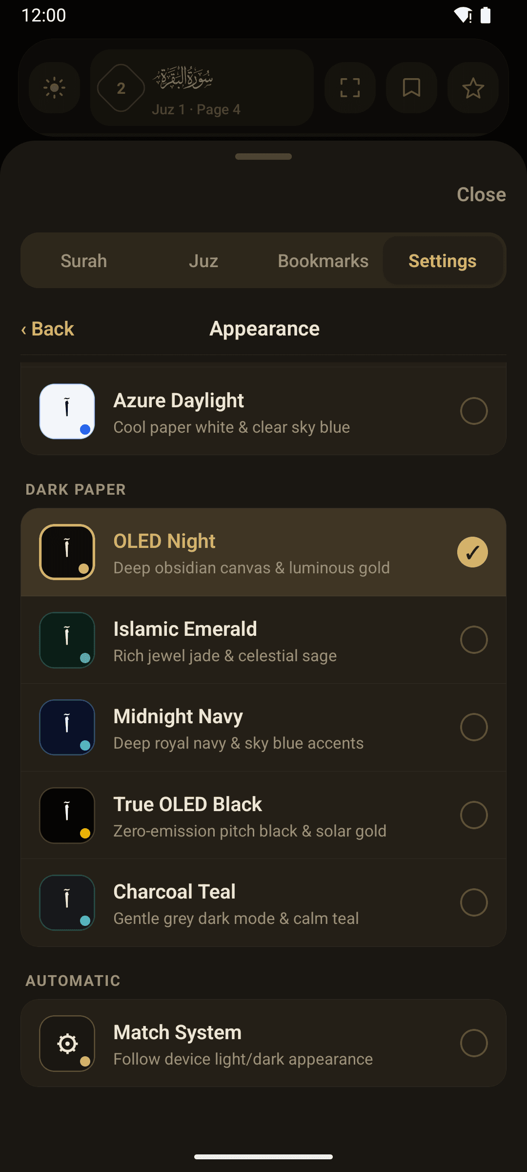 Theme settings in dark mode